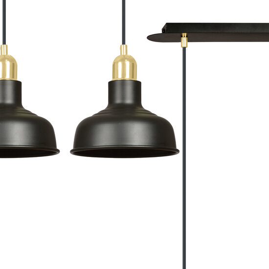 Egedal breite Doppel-Hängelampe schwarz mit goldenen kleinen gewölbten Schirmen 2x E27