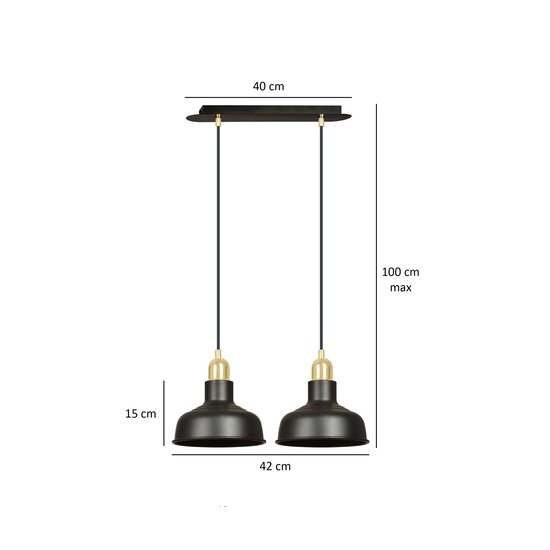 Egedal brede dubbele hanglamp zwart met gouden kleine koepelvormige kappen 2x E27
