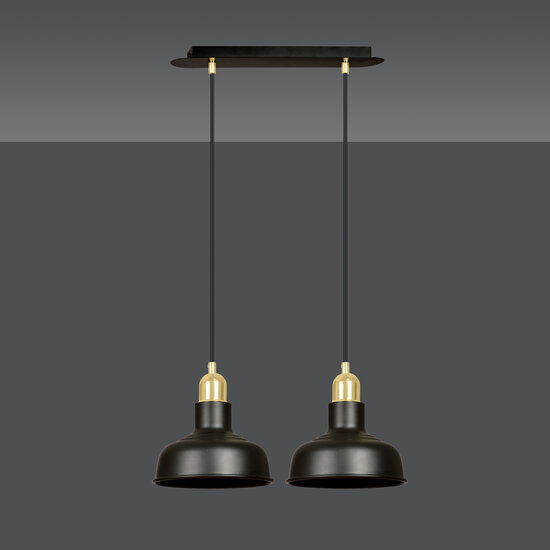 Egedal brede dubbele hanglamp zwart met gouden kleine koepelvormige kappen 2x E27