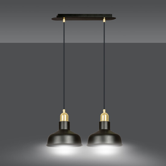 Egedal wide double hanging lamp black with gold small domed shades 2x E27