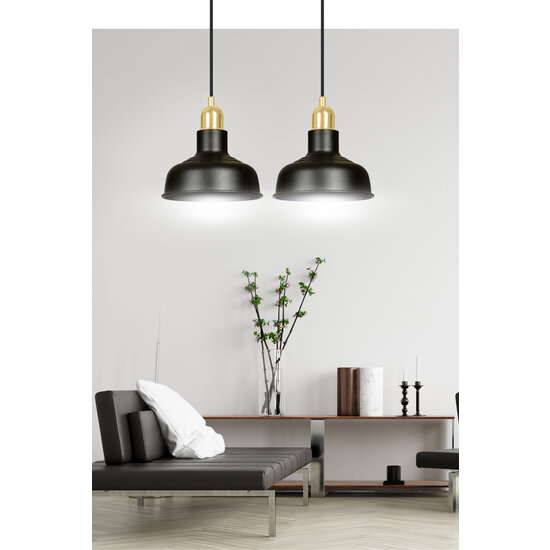 Egedal wide double hanging lamp black with gold small domed shades 2x E27