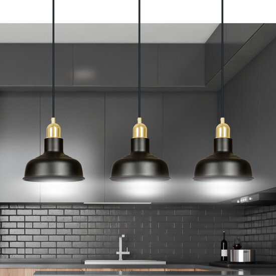 Egedal long 3x E27 hanging lamp black with gold with elegant domes