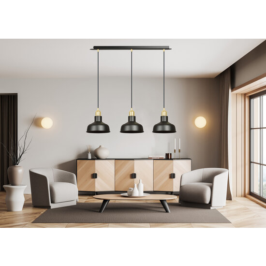 Emibig Emibig Egedal lange 3x E27 hanglamp zwart met goud met elegante koepels - Perfecte verlichting voor elke ruimte