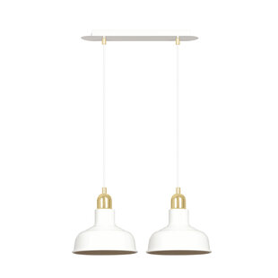 Excepcional lámpara colgante doble Egedal blanca con pequeñas pantallas abombadas doradas 2x E27
