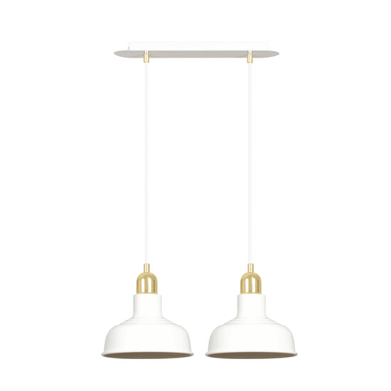 Egedal exceptionnelle double suspension blanche avec petits abat-jour bombés dorés 2x E27