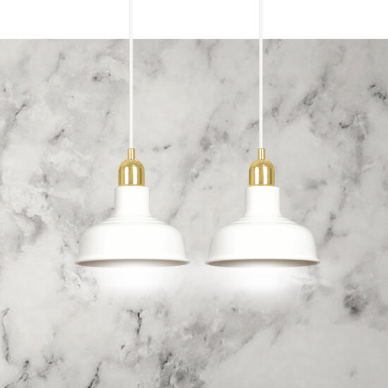Egedal exceptional double hanging lamp white with golden small domed shades 2x E27
