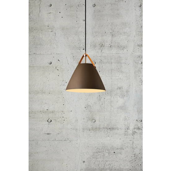Nordlux Strap 27 pendant lamp Scandinavian black, metal and glass, Ø27 cm, leather strap, E27 fitting