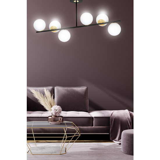 Struer hanglamp zwart en goud met melkwitte bollen 6x E14