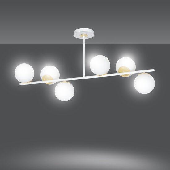 Emibig Emibig Struer wit met gouden 6 lamp hanglamp met melkwitte bollen E14 - Perfect voor moderne interieurs