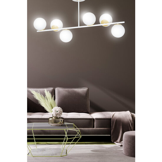 Lampe suspendue Struer blanche et dorée à 6 lampes avec ampoules blanc laiteux E14
