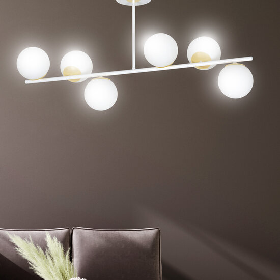 Lampe suspendue Struer blanche et dorée à 6 lampes avec ampoules blanc laiteux E14