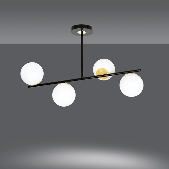 Struer hanglamp zwart en goud met melkwitte bollen 6x E14