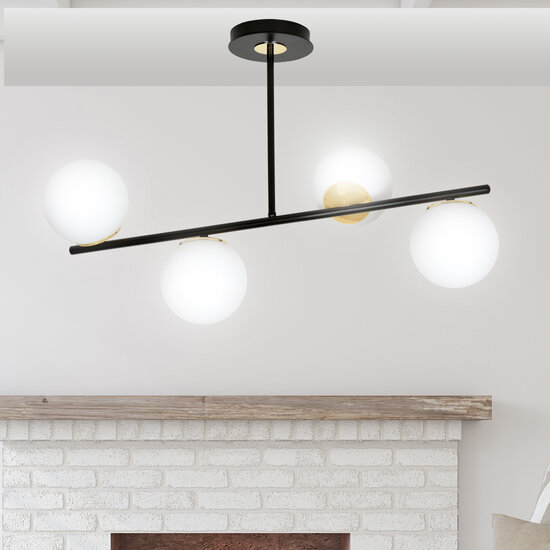 Struer hanglamp zwart en goud met melkwitte bollen 6x E14