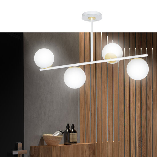 Struer Gold- und Weiß-Hängelampe mit 4 Lampen und milchig-weißen Glühbirnen E14