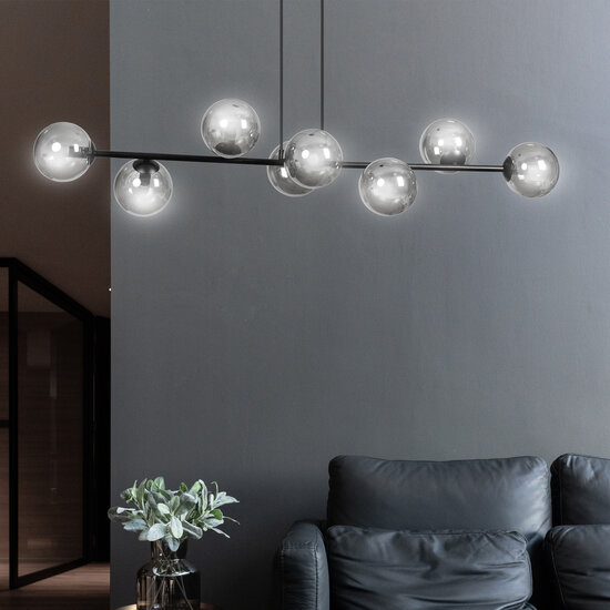 Suspension longue noire Herlev avec 8 ampoules E14 fumées noires
