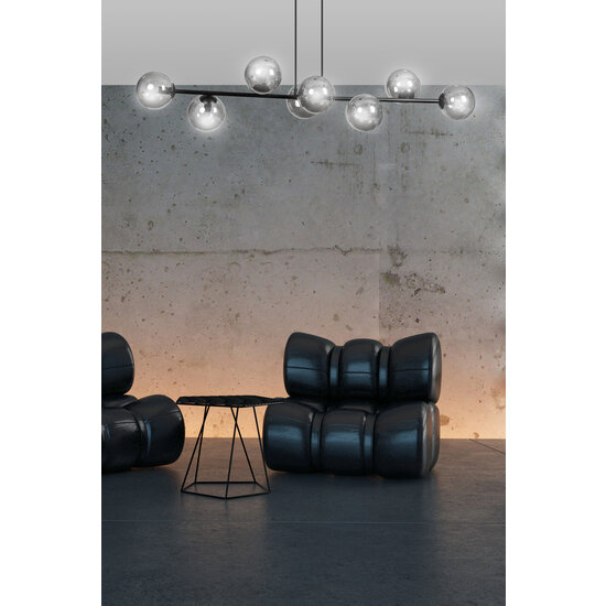 Suspension longue noire Herlev avec 8 ampoules E14 fumées noires