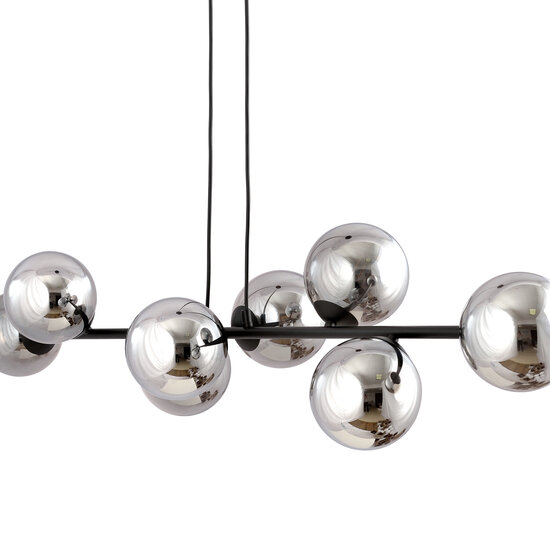 Herlev zwarte lange hanglamp met 8 zwart gerookte bollen E14