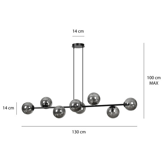 Herlev zwarte lange hanglamp met 8 zwart gerookte bollen E14