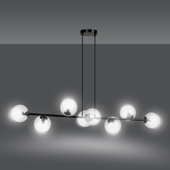 Herlev elegante zwarte design hanglamp met 8 transparante glazen bollen E14