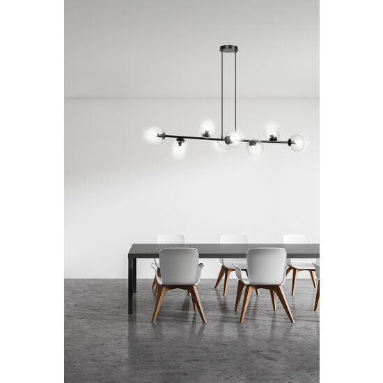 Lampe à suspension design noire élégante Herlev avec 8 boules de verre transparent E14