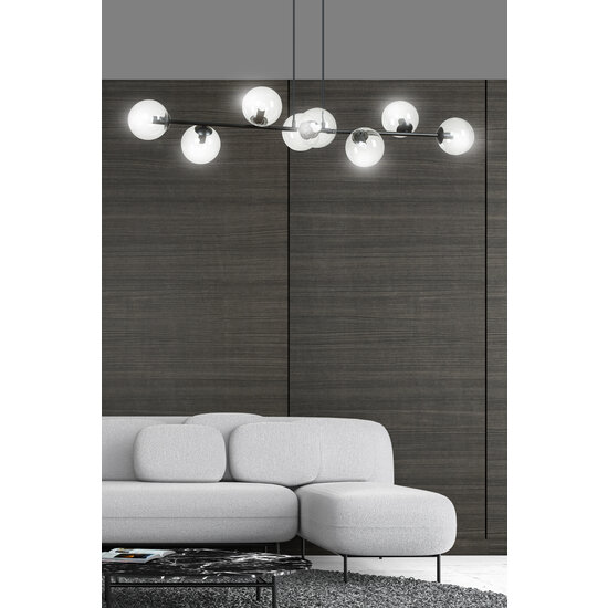 Lampe à suspension design noire élégante Herlev avec 8 boules de verre transparent E14