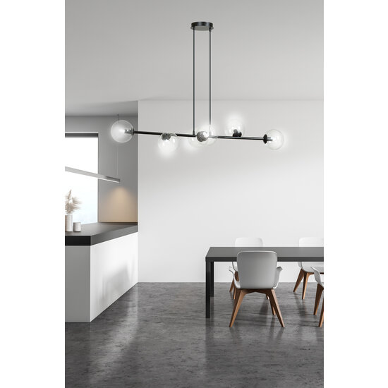 Herlev zwarte 6 lampen E14 medium hanglamp met 6 glazen bollen