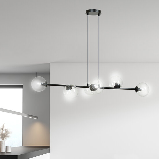 Herlev zwarte 6 lampen E14 medium hanglamp met 6 glazen bollen