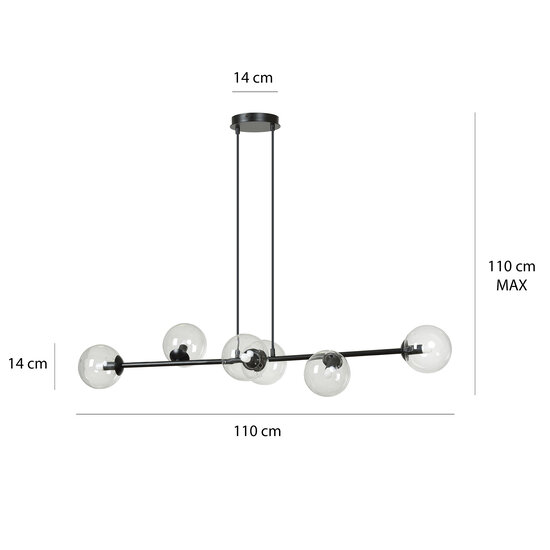 Suspension moyenne Herlev noire 6 lampes E14 avec 6 boules de verre