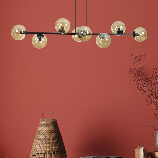 Lejre elegante Hängelampe im schwarzen Design mit 8 bernsteinfarbenen Glasbirnen E14