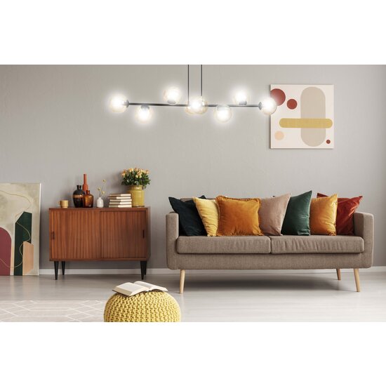Lampe à suspension design noire élégante Lejre avec 8 ampoules en verre ambré E14