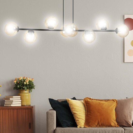 Lampe à suspension design noire élégante Lejre avec 8 ampoules en verre ambré E14