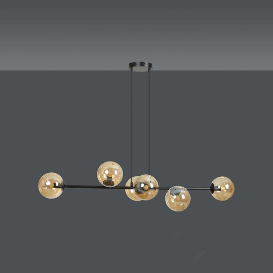 Lejre elegante zwarte 6 lampen E14 medium hanglamp met 6 amberkleurige bollen
