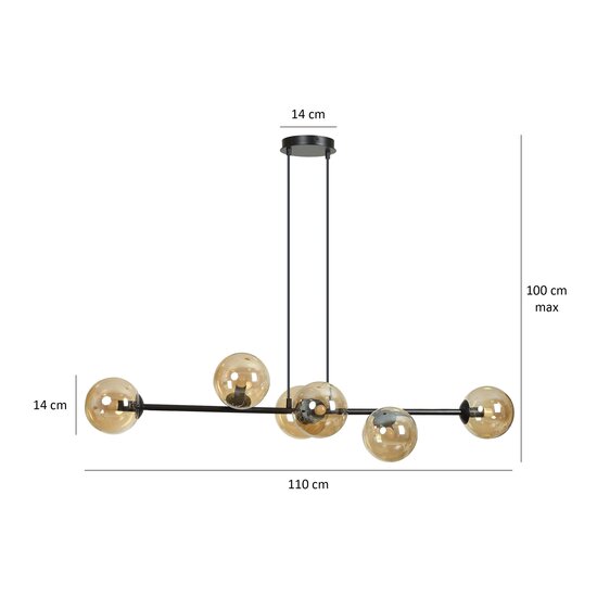 Lampe suspendue Lejre élégante noire 6 lampes E14 moyenne avec 6 ampoules de couleur ambre