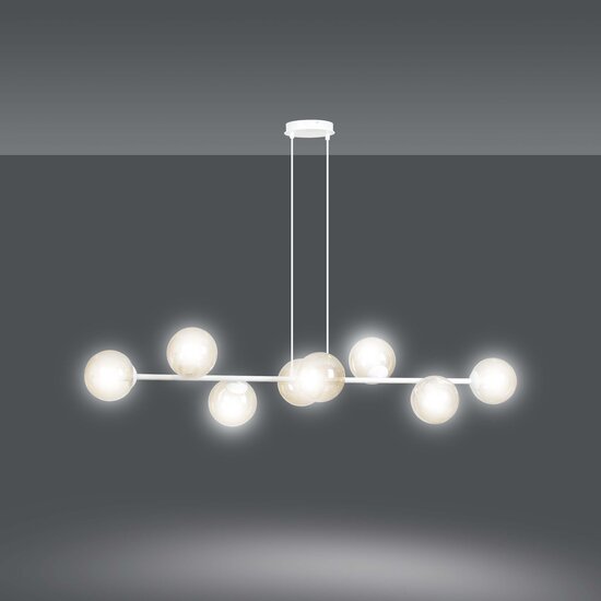 Lejre weiße, schlanke Design-Hängelampe mit 8 bernsteinfarbenen Glasbirnen E14