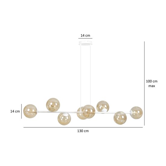 Lampe suspendue design slim blanche Lejre avec 8 ampoules en verre ambré E14