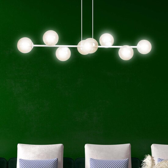 Lampe suspendue design slim blanche Lejre avec 8 ampoules en verre ambré E14