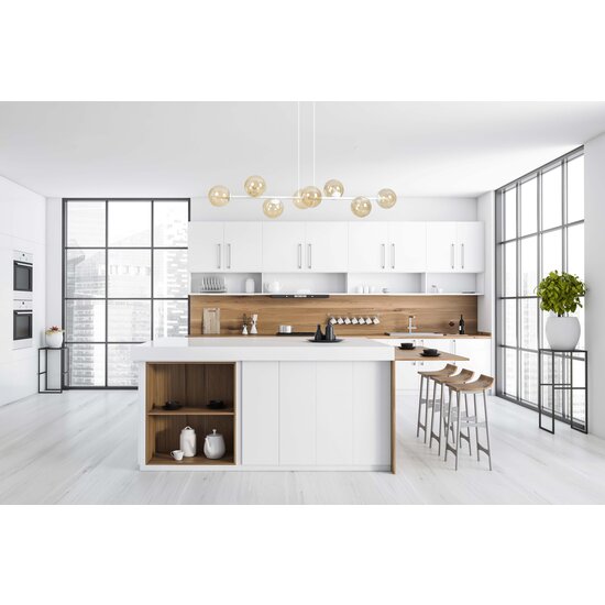 Lejre weiße, schlanke Design-Hängelampe mit 8 bernsteinfarbenen Glasbirnen E14