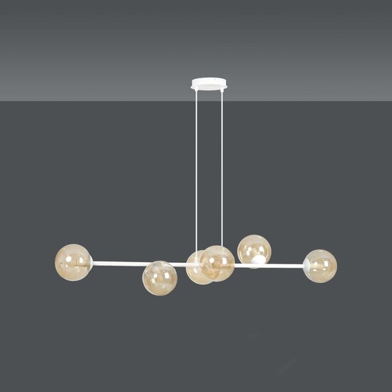 Lejre mooie witte 6 lampen E14 medium hanglamp met 6 amberkleurige bollen