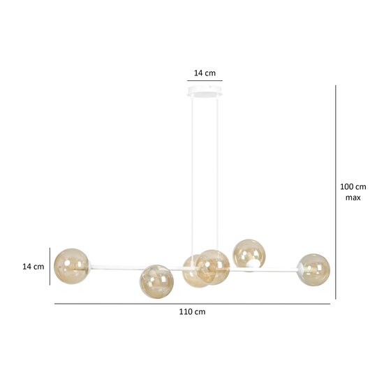Lejre schöne weiße 6-flammige mittelgroße E14-Hängelampe mit 6 bernsteinfarbenen Glühbirnen