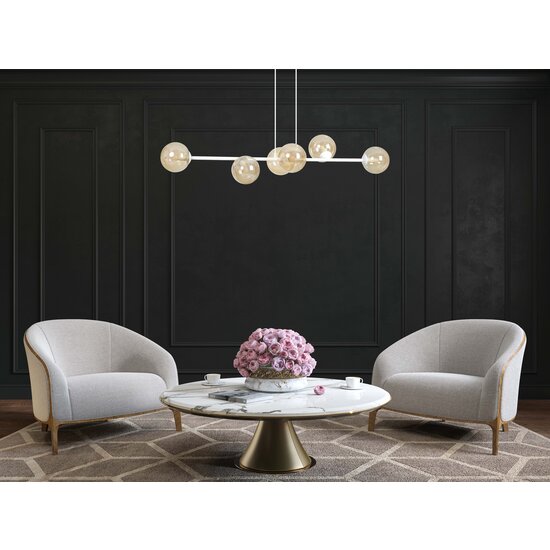 Lejre mooie witte 6 lampen E14 medium hanglamp met 6 amberkleurige bollen