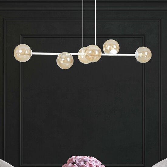 Lejre beautiful white 6 lamps E14 medium hanging lamp with 6 amber-colored bulbs