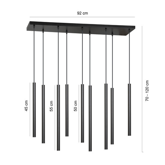 Gribskov black impressive hanging lamp with long tubes 2cm diameter 9x G9