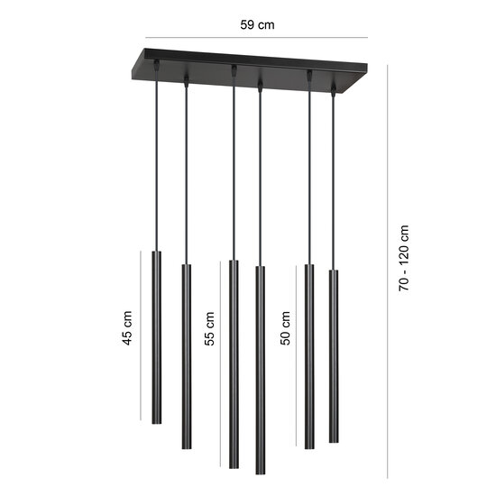 Gribskov wide hanging lamp with long tubes black 2cm diameter 6x G9