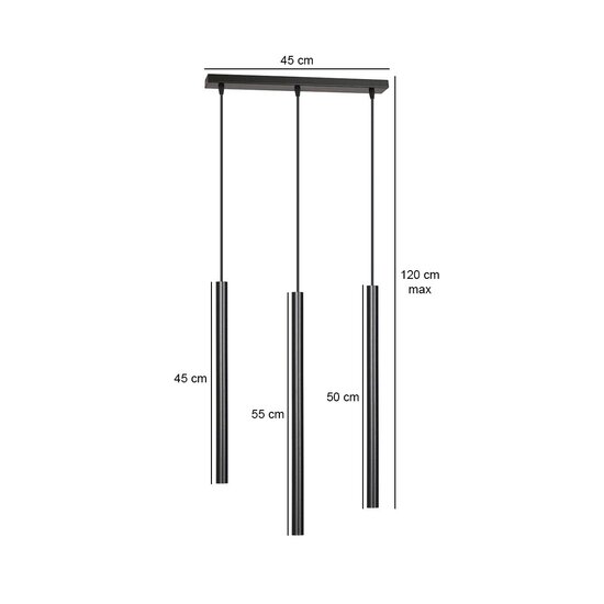 Lámpara colgante Gribskov 3x G9 negra con tubos largos de 2cm de diámetro