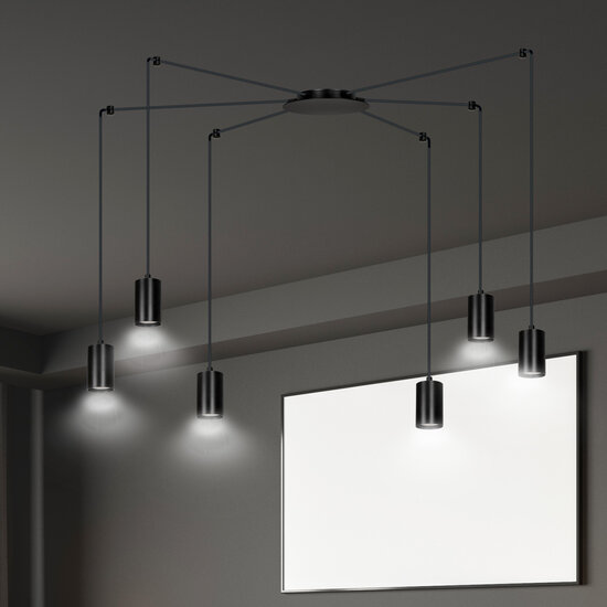 Vantaa suspension araignée orientable noire avec 6 tubes noirs métal GU10