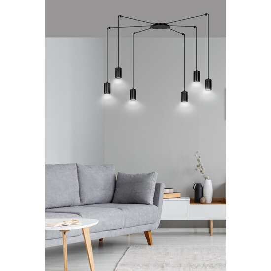 Vantaa zwarte regelbare spider hanglamp met 6 zwarte kokers metaal GU10