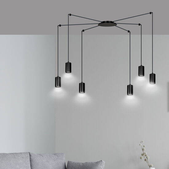 Vantaa zwarte regelbare spider hanglamp met 6 zwarte kokers metaal GU10