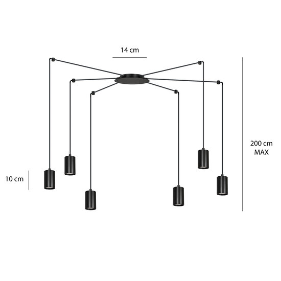 Vantaa zwarte regelbare spider hanglamp met 6 zwarte kokers metaal GU10
