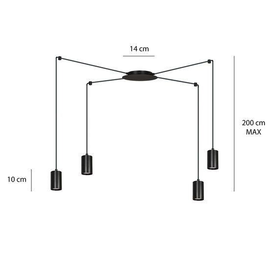Vantaa suspension araignée moyenne noire avec 4 tubes noirs métal GU10