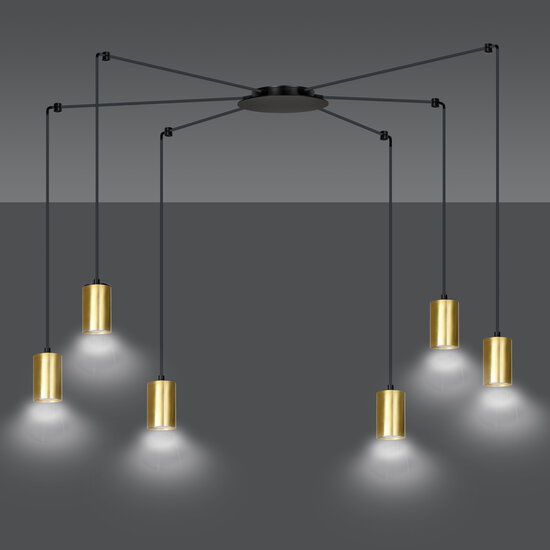 Turku goud en zwarte regelbare spider hanglamp met 6 gouden kokers metaal GU10